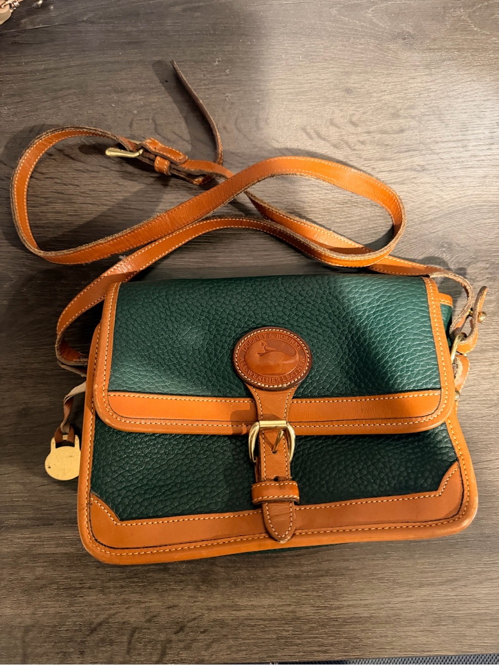 Dooney & Bourke Green Leather Crossbody with Tan Trim and Buckle - Picture 2 of 6